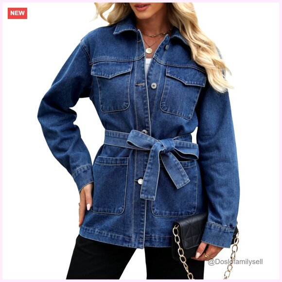 Oversized Denim Jacket with Belt Long Sleeve Mid-Length Four Pockets